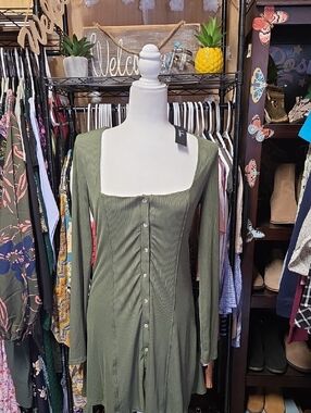 Lulu's Olive Green Long-Sleeve Button-Front Mini Dress